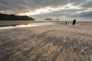Beach and Helvetia shipwreck at low tide, Rhossili Bay, Gower Peninsula, South Wales, United Kingdom, Europe - RHPLF05725