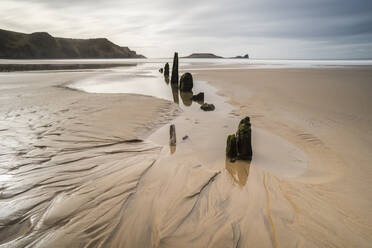 Helvetia shipwreck at low tide, Rhossili Bay, Gower Peninsula, South Wales, United Kingdom, Europe - RHPLF05734