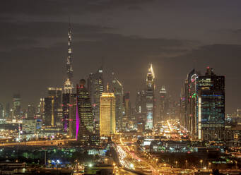 Financial Centre and Downtown at dusk, elevated view, Dubai, United Arab Emirates, Middle East - RHPLF05741