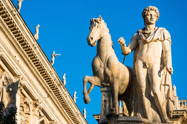 The Capitoline Hill sculptures at entrance to Piazza del Campidoglio, Rome, Lazio, Italy, Europe - RHPLF05784