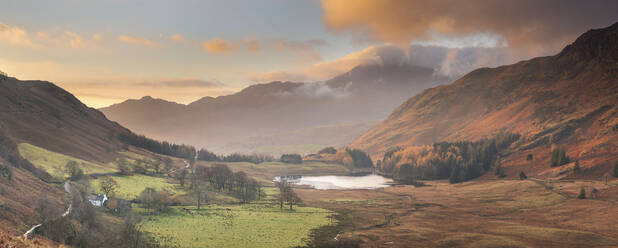 Panoramic Image of view to Blea Tarn in autumn from Side Pike, Langdale Pikes, Lake District National Park, UNESCO World Heritage Site, Cumbria, England, United Kingdom, Europe - RHPLF05851