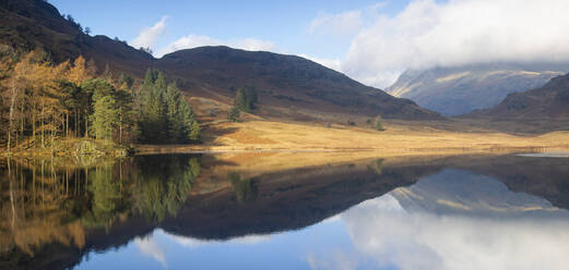 Panoramic Image of autumn colours reflected at Blea Tarn, Langdale Pikes, Lake District National Park, UNESCO World Heritage Site, Cumbria, England, United Kingdom, Europe - RHPLF05852