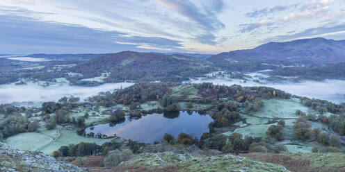 View of Loughrigg Tarn and early morning mists in autumn from Loughrigg Fell, Lake District National Park, UNESCO World Heritage Site, Cumbria, England, United Kingdom, Europe - RHPLF05854