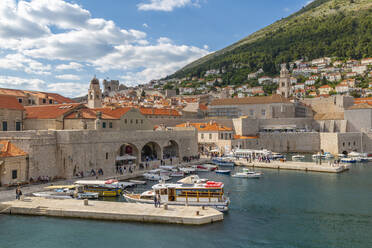 Blick auf Boote im Hafen der Altstadt von Dubrovnik von der Stadtmauer aus, UNESCO-Weltkulturerbe, Dubrovnik, Dalmatien, Kroatien, Europa - RHPLF06063