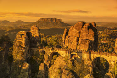 Bastei Bridge at sunrise, Elbsandstein Mountains, Saxony Switzerland National Park, Saxony, Germany, Europe - RHPLF06072