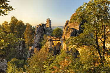 Bastei Bridge at sunrise, Elbsandstein Mountains, Saxony Switzerland National Park, Saxony, Germany, Europe - RHPLF06079