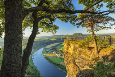 Blick von den Basteifelsen auf die Elbe bei Sonnenaufgang, Elbsandsteingebirge, Nationalpark Sächsische Schweiz, Sachsen, Deutschland, Europa - RHPLF06083