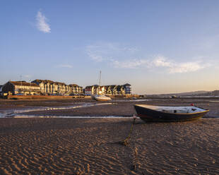 Sunset light on Shelly Beach on the estuary side of Exmouth, Devon, England, United Kingdom, Europe - RHPLF06384