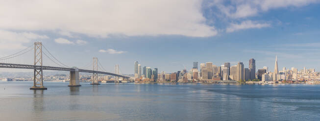 View of the skyline and Transamerica Pyramid from Treasure Island over San Francisco Bay, San Francisco, California, United States of America, North America - RHPLF06475