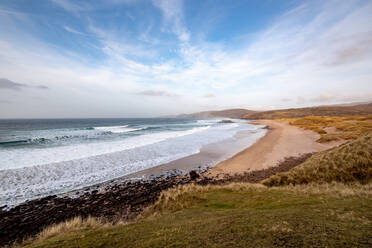 Sandwood Bay, with Cape Wrath in far distance, Sutherland, Scotland, United Kingdom, Europe - RHPLF06507