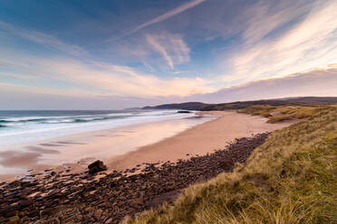 Sandwood Bay in the early morning, with Cape Wrath in far distance, Sutherland, Scotland, United Kingdom, Europe - RHPLF06513
