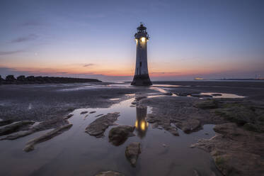 Perch Rock Lighthouse with evening moon, New Brighton, Merseyside, The Wirral, England, United Kingdom, Europe - RHPLF06649