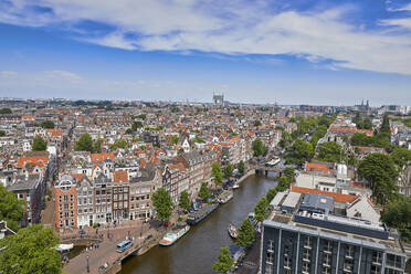 An aerial view of the Jordaan and Prinsengracht, Amsterdam, North Holland, The Netherlands, Europe - RHPLF06886