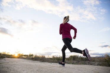 Young woman jogging alone in countryside - ABZF02557