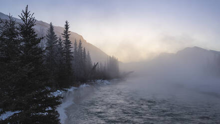 Vom Wasser des Bow River aufsteigender Nebel bei winterlichen Temperaturen unter Null, Canmore, Alberta, Kanadische Rockies, Kanada, Nordamerika - RHPLF07148