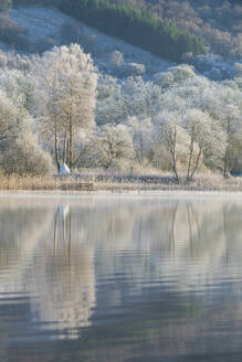 Loch Ard teilweise zugefroren und Raureif um Aberfoyle im Loch Lomond and the Trossachs National Park im Hochwinter, Stirling District, Schottland, Vereinigtes Königreich, Europa - RHPLF07335