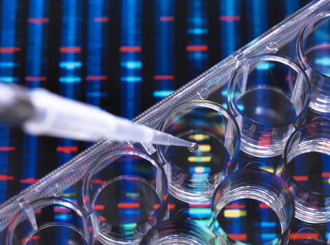 DNA-Forschung, DNA-Proben in einer Multiwell-Platte, bereit für die Analyse, mit DNA-Ergebnissen im Hintergrund, lizenzfreies Stockfoto
