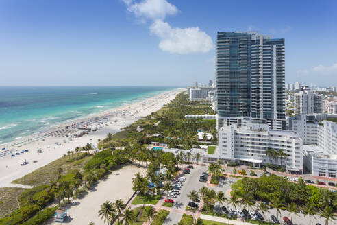 Elevated view of beach and hotels in South Beach, Miami Beach, Miami, Florida, United States of America, North America - RHPLF07429
