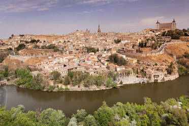 View over Tajo River at Santa Maria Cathedral and Alcazar, UNESCO World Heritage Site, Toledo, Castilla-La Mancha, Spain, Europe - RHPLF07449