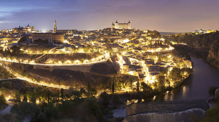 View over Tajo River at Santa Maria Cathedral and Alcazar, UNESCO World Heritage Site, Toledo, Castilla-La Mancha, Spain, Europe - RHPLF07455