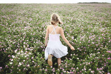 Rear view of a girl with braids running on clover field - EYAF00410