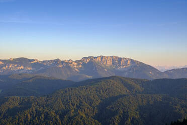 Scenic view of Benediktenwand against clear blue sky at sunset, Bavaria, Germany - LBF02683