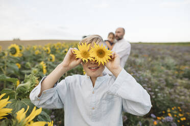 Verspielter Junge bedeckt seine Augen mit Sonnenblumen auf einem Feld mit Familie im Hintergrund - KMKF01062