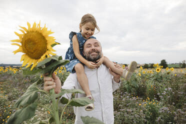Glücklicher Mann mit Tochter in einem Sonnenblumenfeld - KMKF01068