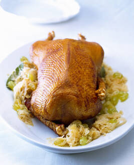 Close-up of roasted goose with pickled cabbage and grapes in plate on table - PPXF00274