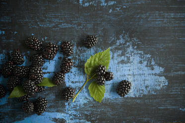 Directly above shot of blackberries with herbs on table - ASF06500
