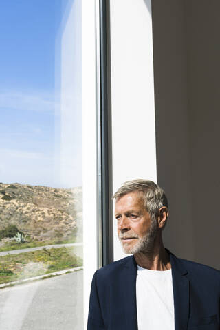 Älterer Geschäftsmann am Panoramafenster mit Blick nach draußen, lizenzfreies Stockfoto
