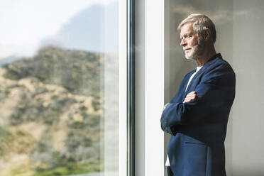 Senior businessman standing at panorama window looking out - SBOF02010