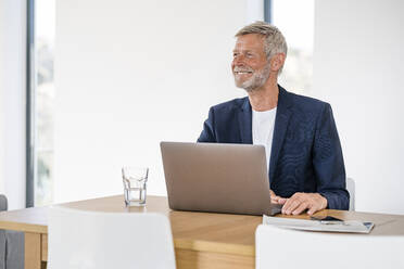 Smiling senior businessman with laptop sitting at desk at home - SBOF02018