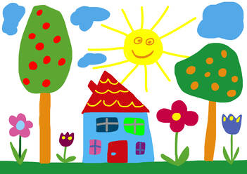 Child`s Drawing of the Sun and a Rainbow Stock Illustration