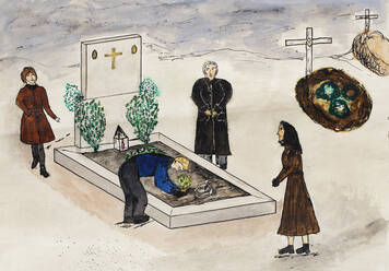 Child's drawing of people on a cemetery at All Saints' Day - WWF05193