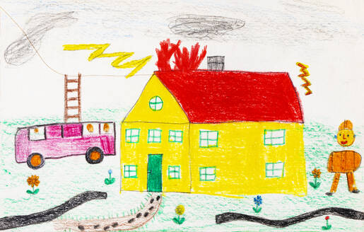 Child's drawing of a fire brigade operation - WWF05198