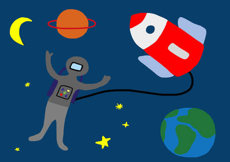 Kinderzeichnung eines Astronauten mit Rakete im Weltraum - WWF05203