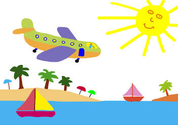 Kinderzeichnung eines Flugzeugs über einem Strand - WWF05204