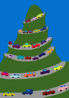 Child's drawing of cars in a traffic jam on the way to holidays - WWF05207