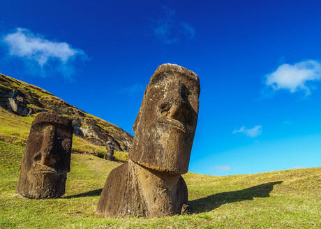 Moais im Steinbruch am Hang des Vulkans Rano Raraku, Nationalpark Rapa Nui, UNESCO-Welterbe, Osterinsel, Chile, Südamerika - RHPLF07686