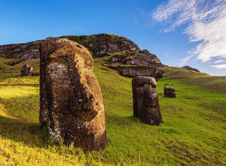 Moais im Steinbruch am Hang des Vulkans Rano Raraku, Nationalpark Rapa Nui, UNESCO-Welterbe, Osterinsel, Chile, Südamerika - RHPLF07698