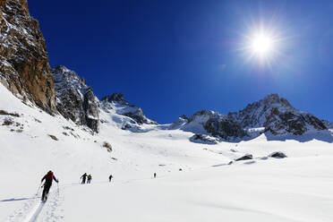 Ski touring on Glacier de Argentiere, Chamonix, Rhone Alpes, Haute Savoie, French Alps, France, Europe - RHPLF07731