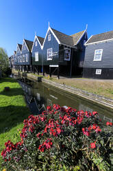 Holzhäuser, die sich im Kanal spiegeln, umrahmt von Blumen in dem Dorf Marken, Waterland, Nordholland, Niederlande, Europa - RHPLF07766