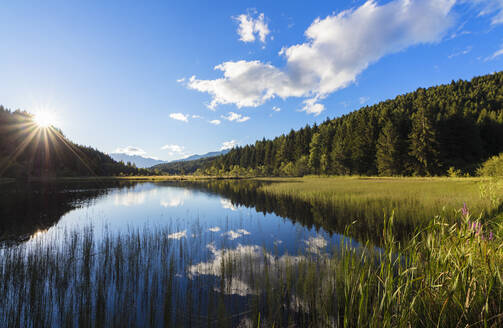 Die Morgendämmerung beleuchtet den Sumpf des Naturschutzgebiets Pian di Gembro, Aprica, Provinz Sondrio, Valtellina, Lombardei, Italien, Europa - RHPLF07783