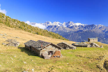 Alpine huts framed by snowy peaks of Bernina Group, Arcoglio Alp, Val Torreggio, Malenco Valley, Valtellina, Lombardy, Italy, Europe - RHPLF07809