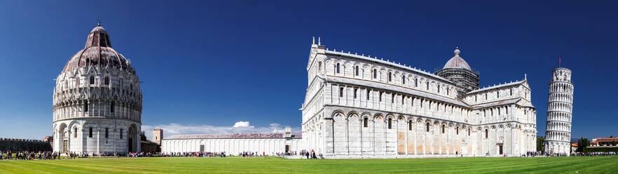 Panorama of Piazza dei Miracoli containing the Leaning Tower of Pisa, the Cathedral (Duomo) and Baptistery, UNESCO World Heritage Site, Pisa, Tuscany, Italy, Europe - RHPLF08033