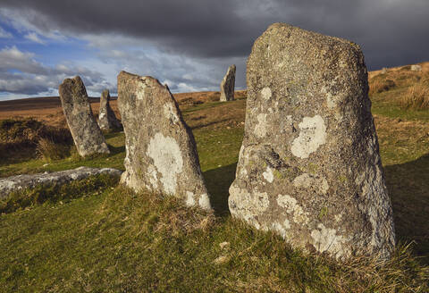 Stehende Steine im prähistorischen Steinkreis von Scorhill, auf Gidleigh Common, Dartmoor National Park, Devon, England, Vereinigtes Königreich, Europa - RHPLF08344