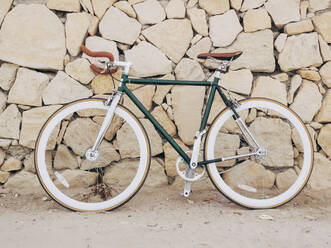 Fixie-Fahrrad lehnt an einer Natursteinmauer - DLTSF00045