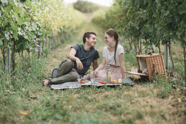 Glückliches junges Paar beim Picknick in den Weinbergen - ALBF01009