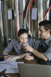 Junge Unternehmer arbeiten in einer Brauerei und testen Bier - ALBF01059